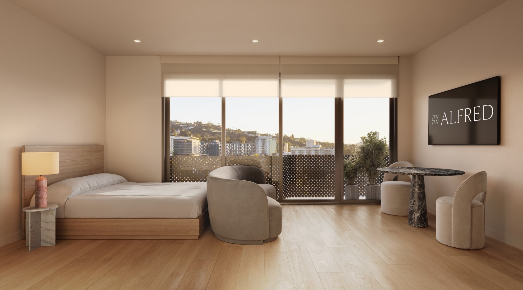 Bedroom with natural lighting and high ceilings